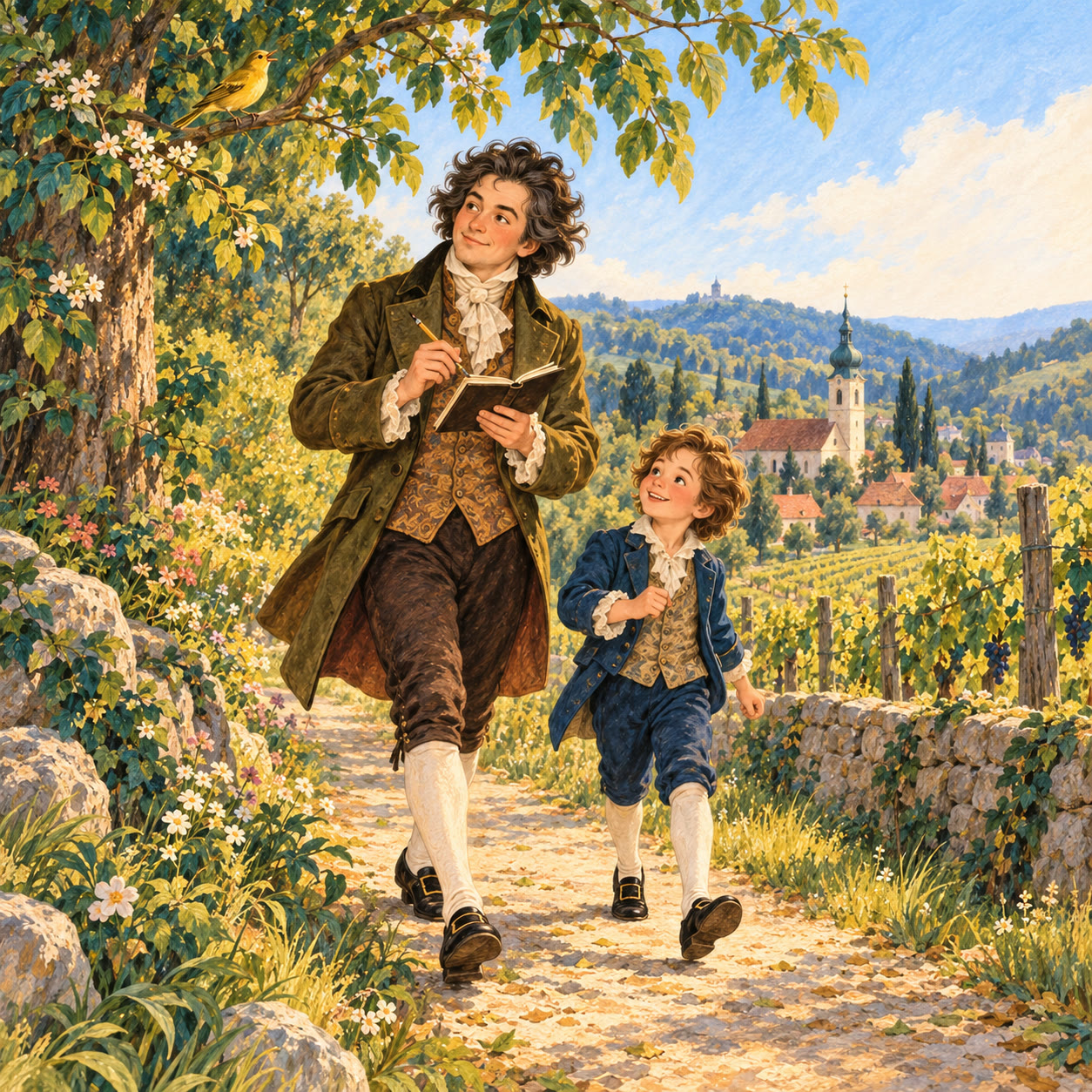 Young Beethoven walks along a sunny country lane near Vienna with a notebook and pencil, a smiling child beside him and a yellow bird singing on a branch