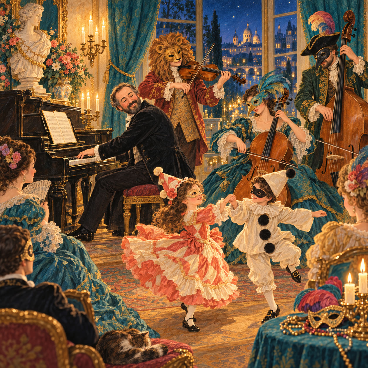 A candlelit Paris drawing room on carnival night. A bearded composer laughs at the piano while friends in masks and feathers play violin, cello and double bass, and two children in clown costumes dance in the middle of the room.