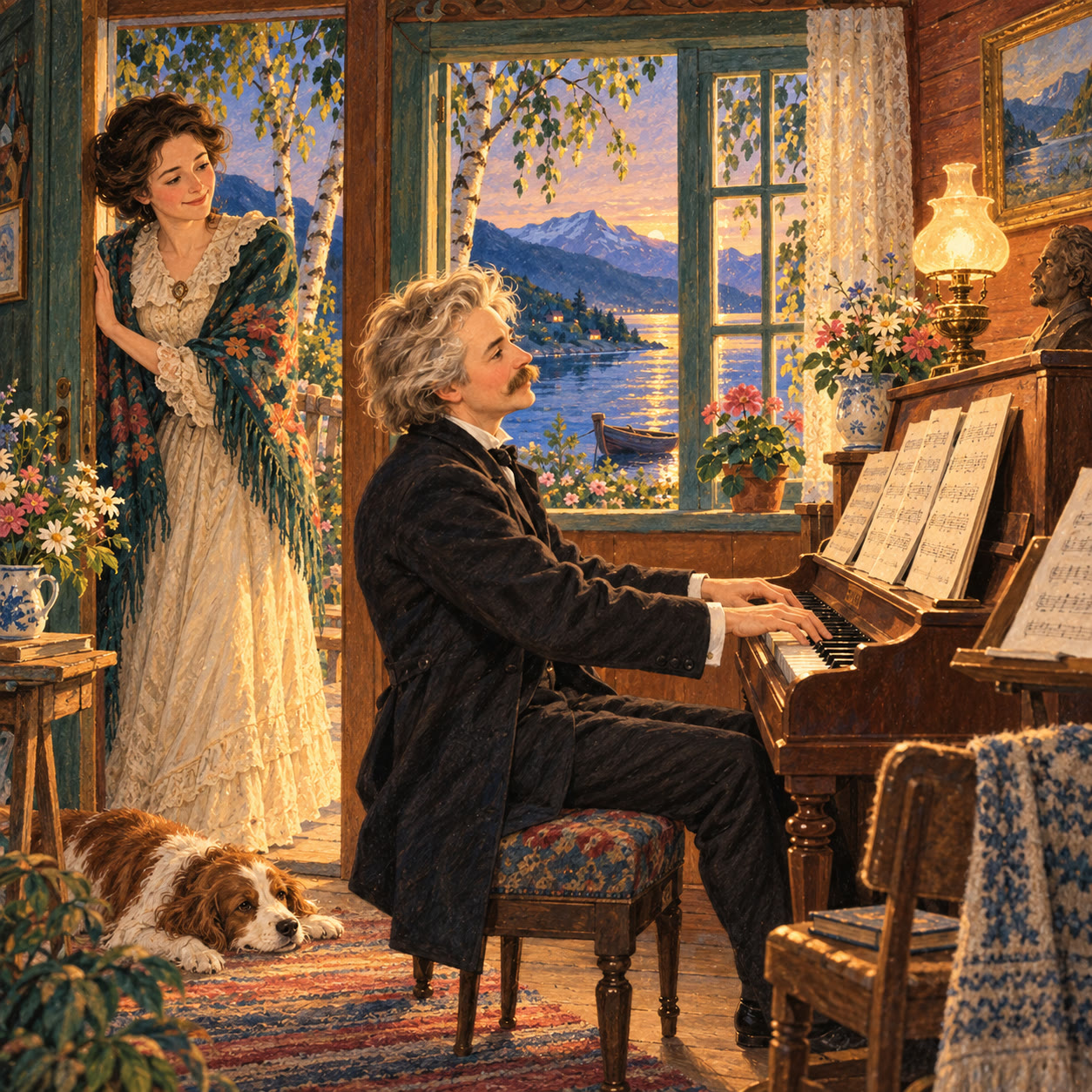 Edvard Grieg, a small man with grey hair and a big moustache, plays an upright piano in a wooden hut by the water at sunset, while his wife Nina smiles from the doorway and a dog sleeps on the rug