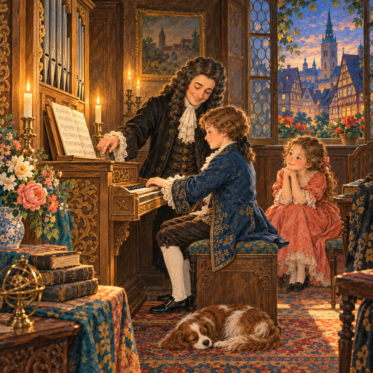 A kind music teacher in a long curly wig guides a boy's hands at a small wooden house organ by candlelight. The boy's sister smiles from a chair, a spaniel sleeps on the rug, and the rooftops and church towers of Nuremberg glow through the window.