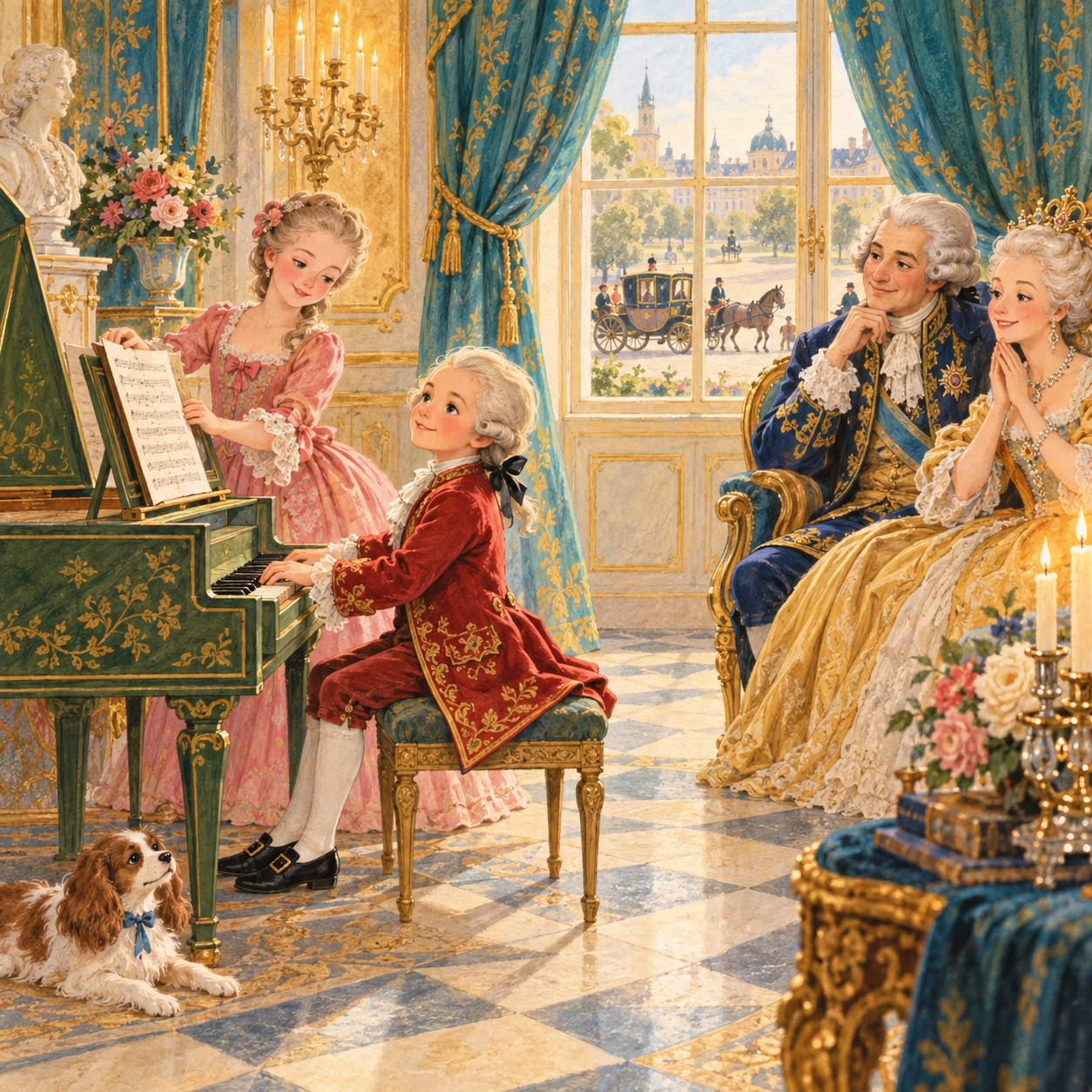 Young Mozart playing a harpsichord beside his sister Nannerl in a candlelit royal music room