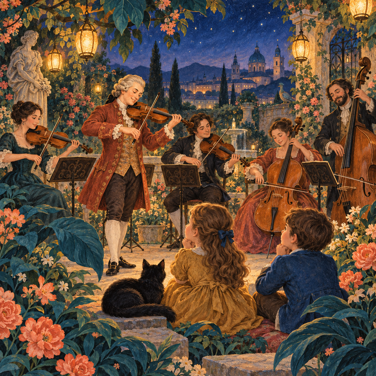 Children listening to string musicians in a richly illustrated evening garden